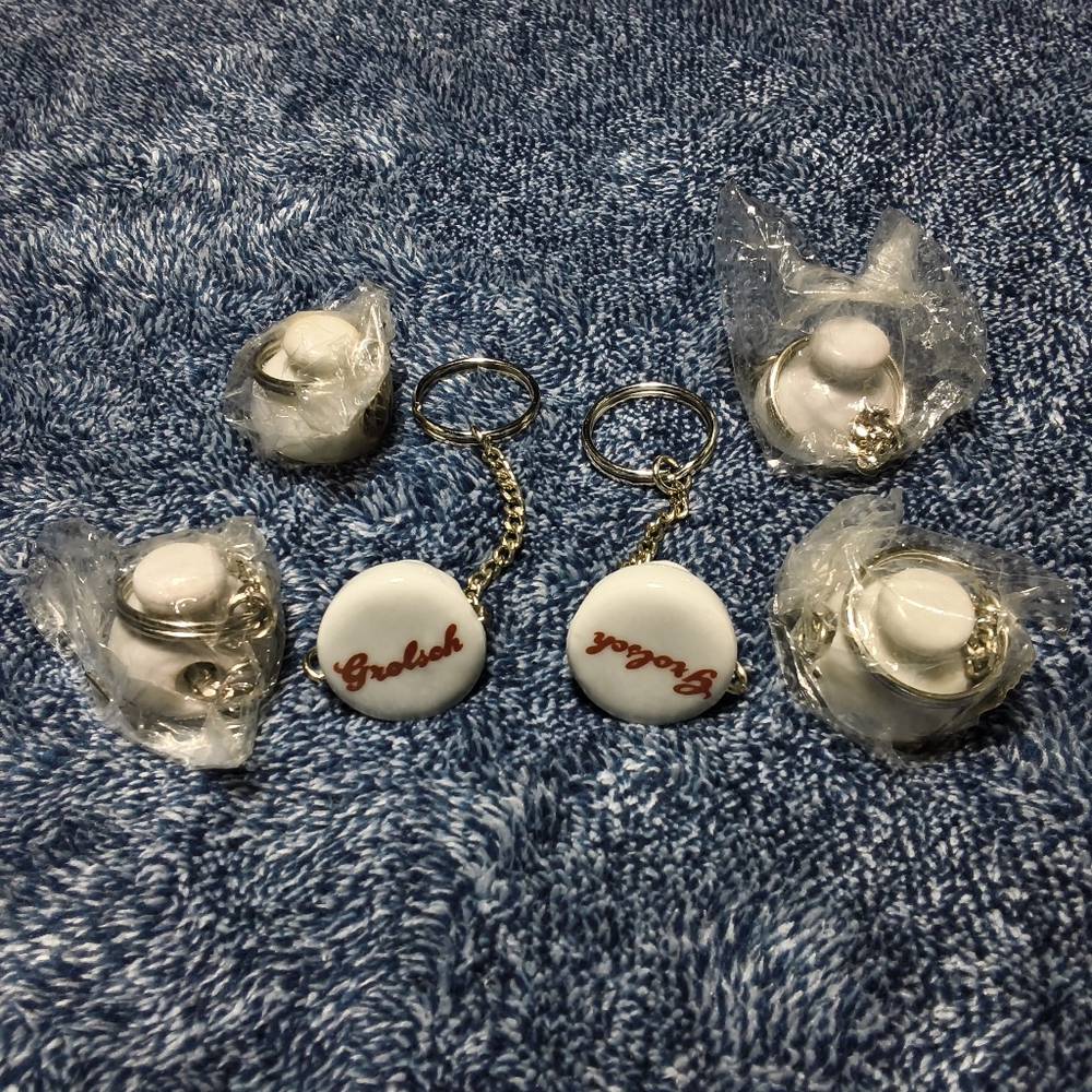 6 Vintage Grolsch Beer Porcelain Bottle Cap Advertising Keychain New Old Stock